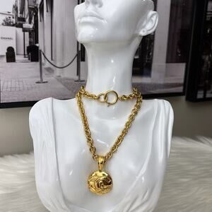 CHANEL Gold Plated CC Logos Round Charm Vintage Necklace Pendant